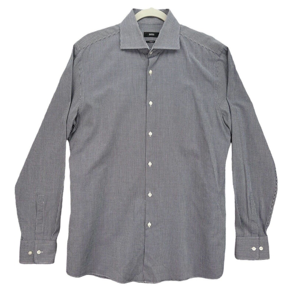 Hugo Boss Miles US Mens Sharp Fit Cotton Dress Shirt 16 34/35 Blue White Check